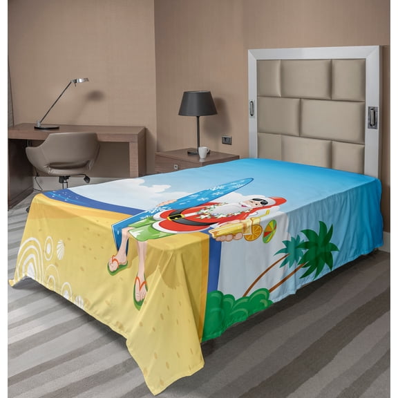 Ambesonne Christmas Flat Sheet, Santa on Beach Surf, Twin Size, Blue Yellow