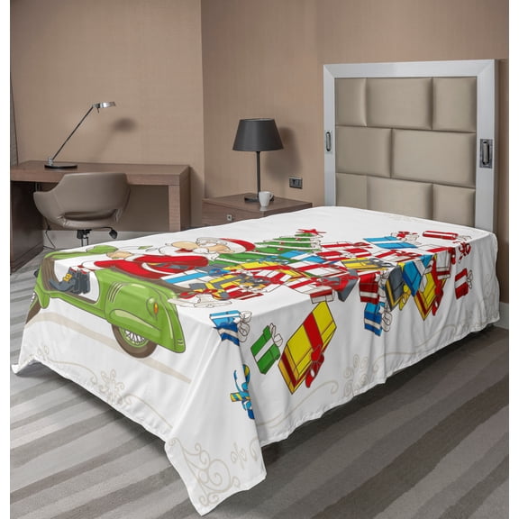 Ambesonne Christmas Flat Sheet, Santa on Motorbike, Twin Size, White Green and Red