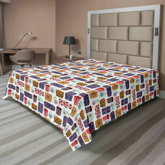 Ambesonne Christmas Flat Sheet, Scandinavian Gift Boxes, King Size, White Multicolor