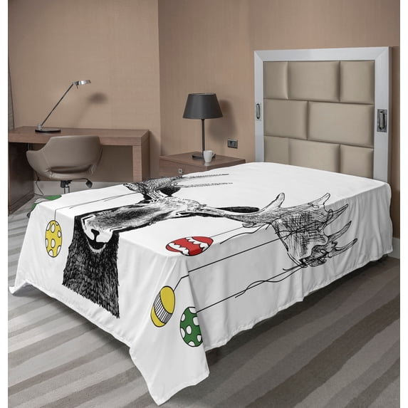 Ambesonne Christmas Flat Sheet, Sketchy Noel Ornament, Twin Size, Multicolor