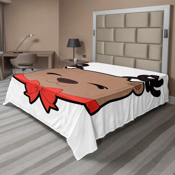 Ambesonne Christmas Flat Sheet, Smiling Reindeer Ribbon, King Size, Pale Brown Vermilion