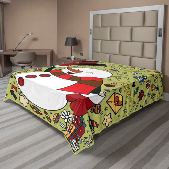 Ambesonne Christmas Flat Sheet, Smiling Snowman and Items, California King, Avocado Green and Multicolor