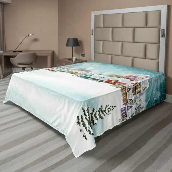 Ambesonne Christmas Flat Sheet, Snow Town Winter Holiday, King Size, Cadet Blue Multicolor