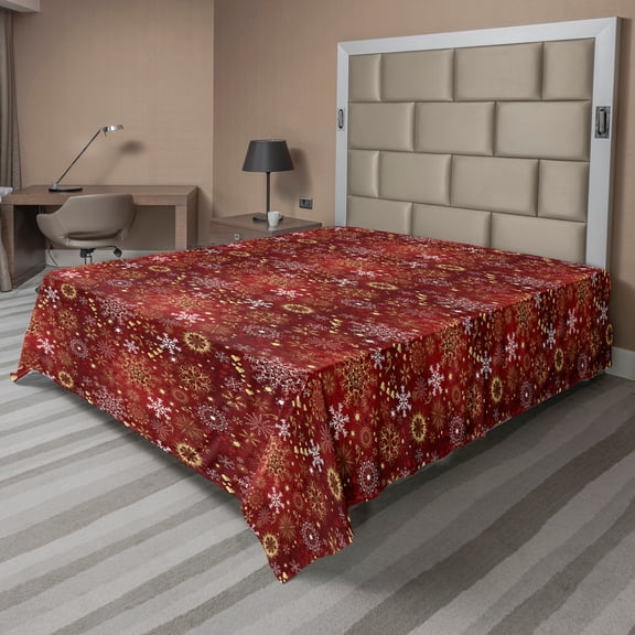 Ambesonne Christmas Flat Sheet, Snowflakes, King Size, Red Yellow and White
