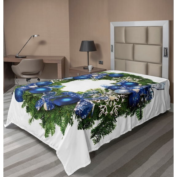 Ambesonne Christmas Flat Sheet, Snowflakes Wreath Ornate, TwinXL Size, Green Blue
