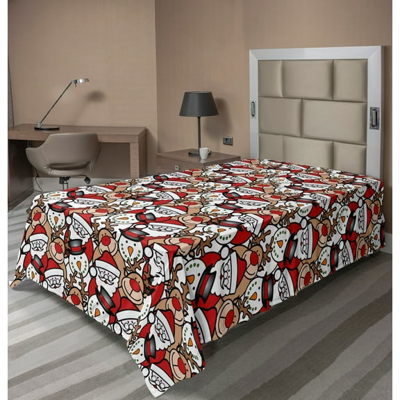 Ambesonne Christmas Flat Sheet, Snowman Reindeer, TwinXL Size, Pale Brown White and Red
