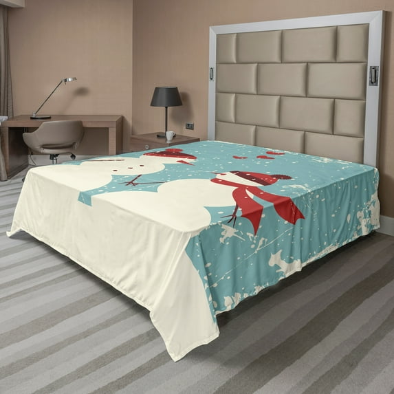 Ambesonne Christmas Flat Sheet, Snowman Woman Love, Full Size, Seafoam Red Cream