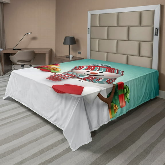 Ambesonne Christmas Flat Sheet, Snowman and Boxes, California King, Multicolor