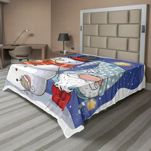 Ambesonne Christmas Flat Sheet, Snowman and Funny Gnome, Queen Size, Dark Violet Multicolor