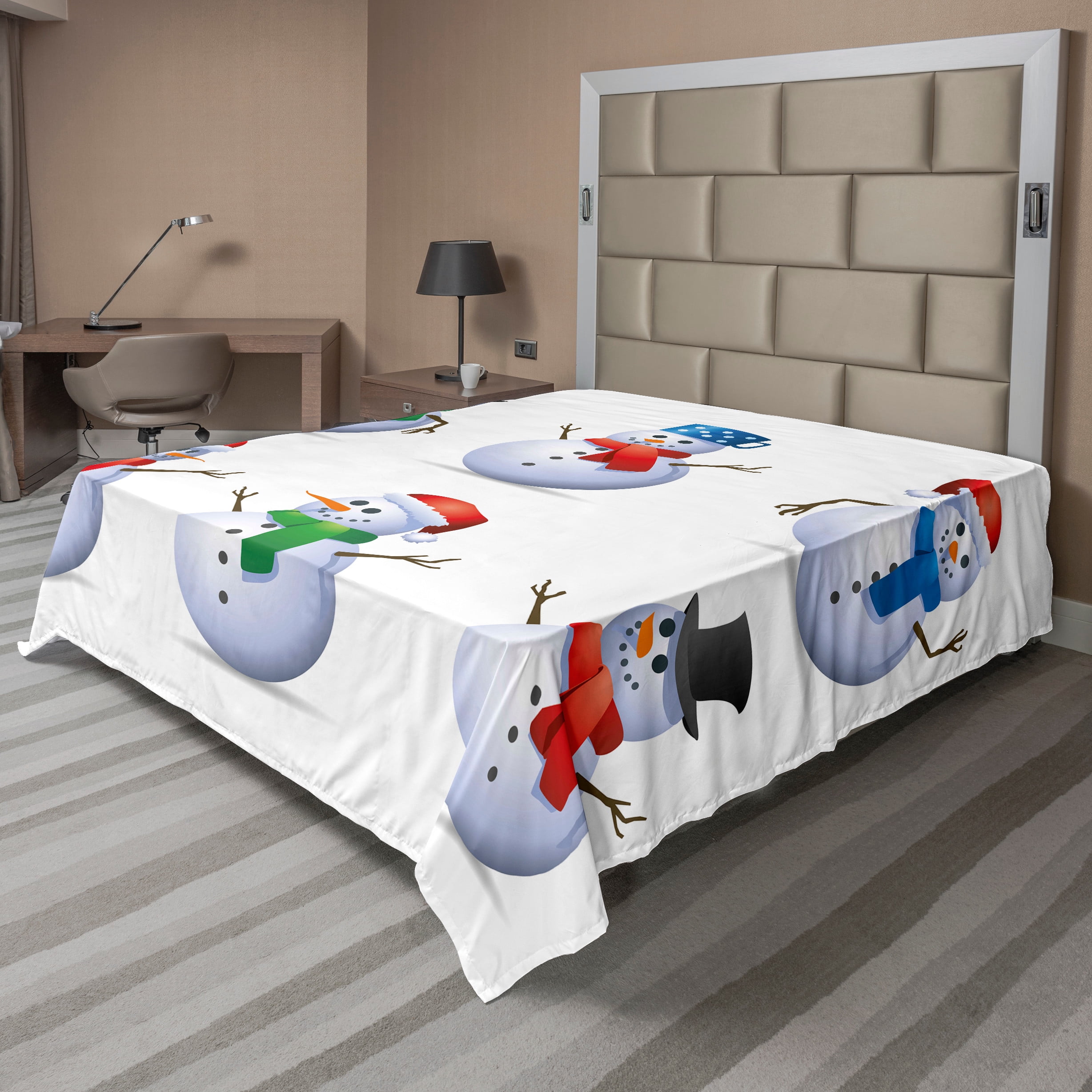 Queen Size Multicolor Snowman Print Microfiber Flat Sheet