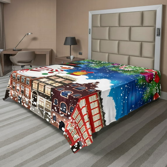 Ambesonne Christmas Flat Sheet, Snowy City Street, King Size, Multicolor