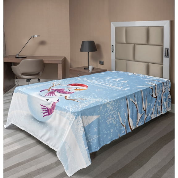 Ambesonne Christmas Flat Sheet, Snowy Winter Noel, TwinXL Size, White Blue