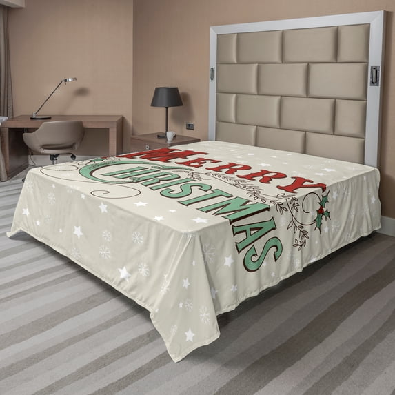 Ambesonne Christmas Flat Sheet, Star Snowflake Retro, California King, Eggshell Sea Green Ruby