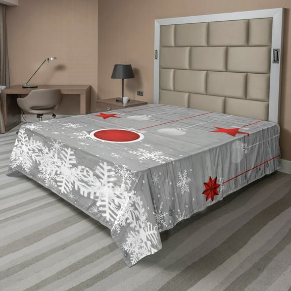 Ambesonne Christmas Flat Sheet, Stars Baubles Snow, California King, Grey Red White
