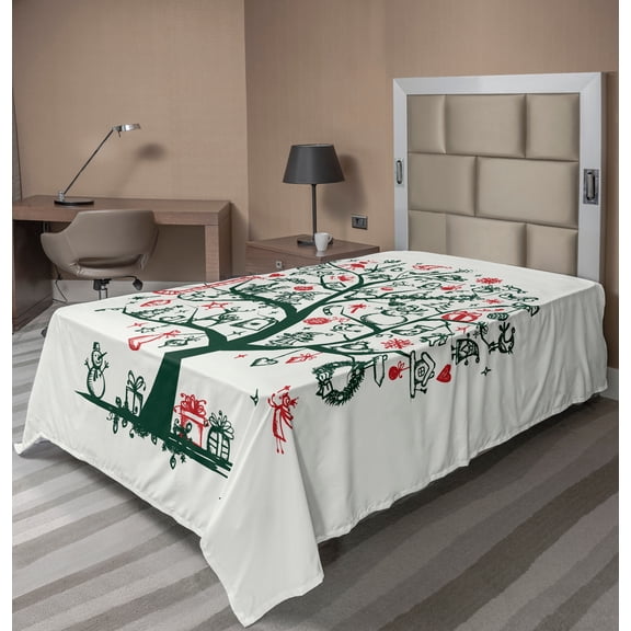 Ambesonne Christmas Flat Sheet, Tree Ornaments Gifts, Twin Size, Vermilion and Green