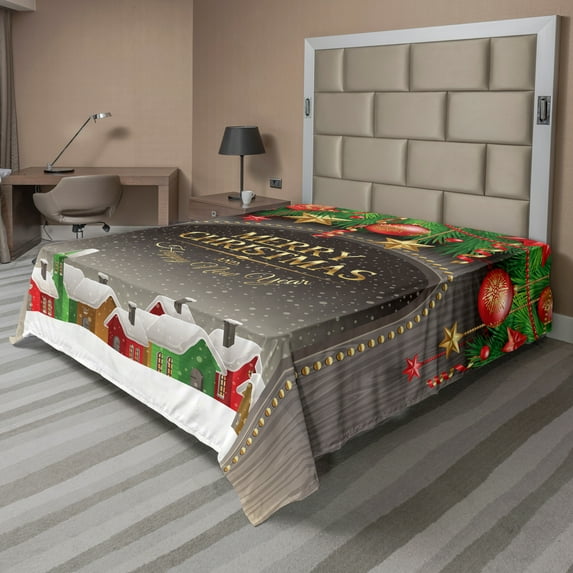 Ambesonne Christmas Flat Sheet, Vintage Wood Design, California King, Multicolor