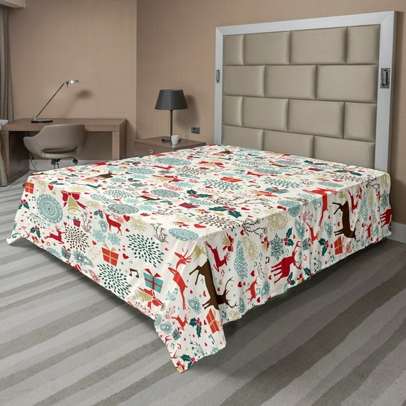 Ambesonne Christmas Flat Sheet, Vintage Xmas, Queen Size, Petrol Blue Brown