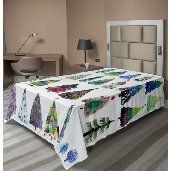 Ambesonne Christmas Flat Sheet, Watercolor Fir Trees, TwinXL Size, Multicolor