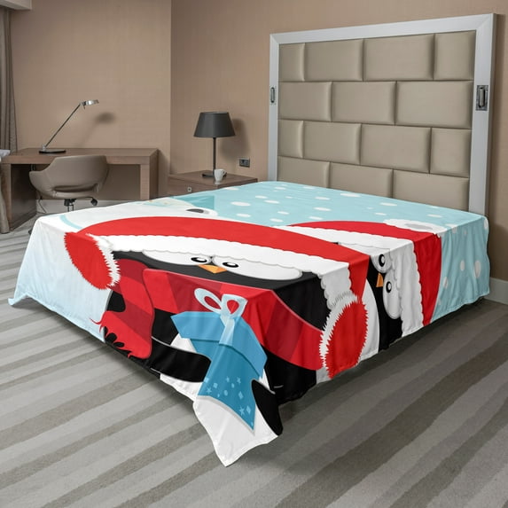 Ambesonne Christmas Flat Sheet, Whimsical Penguins Igloo, King Size, Pale Blue Vermilion