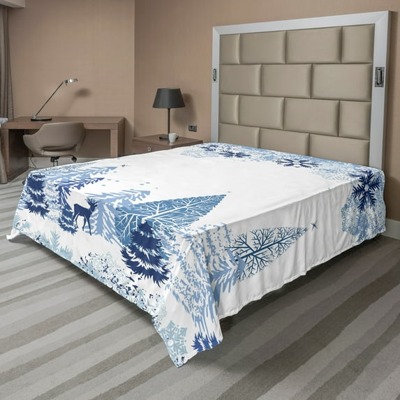 Ambesonne Christmas Flat Sheet, Winter Forest, Queen Size, Multicolor