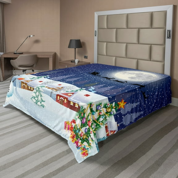 Ambesonne Christmas Flat Sheet, Winter Landscape, Full Size, White Blue