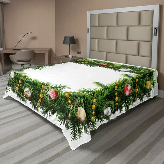 Ambesonne Christmas Flat Sheet, Winter Square Wreath, King Size, Multicolor