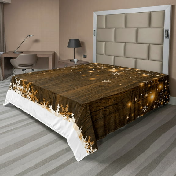 Ambesonne Christmas Flat Sheet, Wood and Snowflakes, Queen Size, Brown White