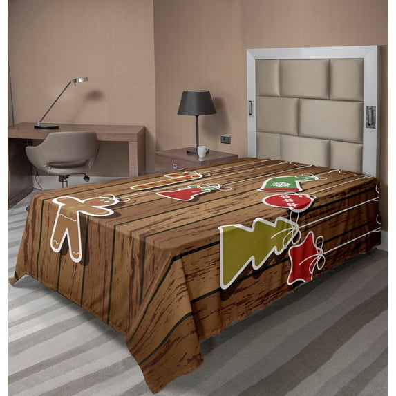 Ambesonne Christmas Flat Sheet, Wooden Pattern, TwinXL Size, Brown Red