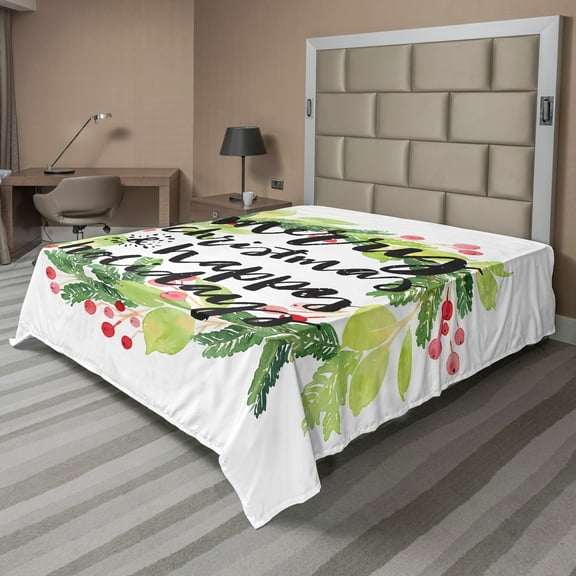 Ambesonne Christmas Flat Sheet, Wreath Red Berries, Queen Size, White Green