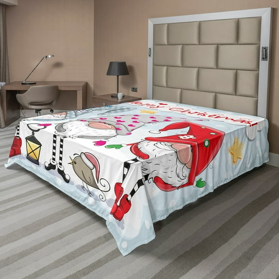 Ambesonne Christmas Flat Sheet, Xmas Composition Gnomes, Queen Size, Pale Blue Multicolor