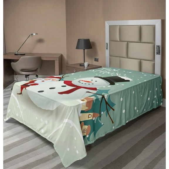 Ambesonne Christmas Flat Sheet, Xmas Winter Theme, Twin Size, Almond Green Eggshell