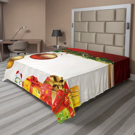 Ambesonne Christmas Flat Sheet, Yule Eve Balls Baubles, King Size, Multicolor