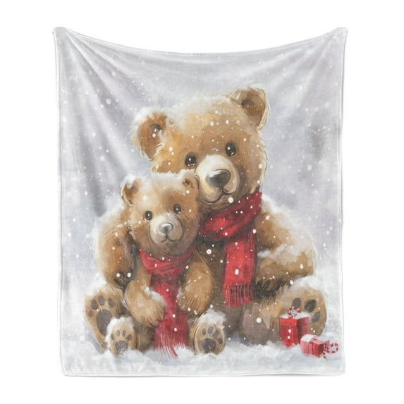Ambesonne Christmas Fleece Throw Blanket Classic Art Bear Family 50"x70" Off White Tan Dark Pink