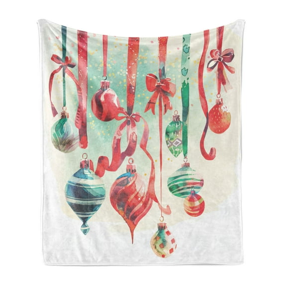 Ambesonne Christmas Fleece Throw Blanket Vintage Xmas Globes Laces 50"x60" Dark Coral Green Blue