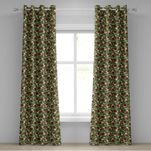 Ambesonne Christmas Grommet Curtain, Balls Holly Old, 50" x 108", Red Green Grey