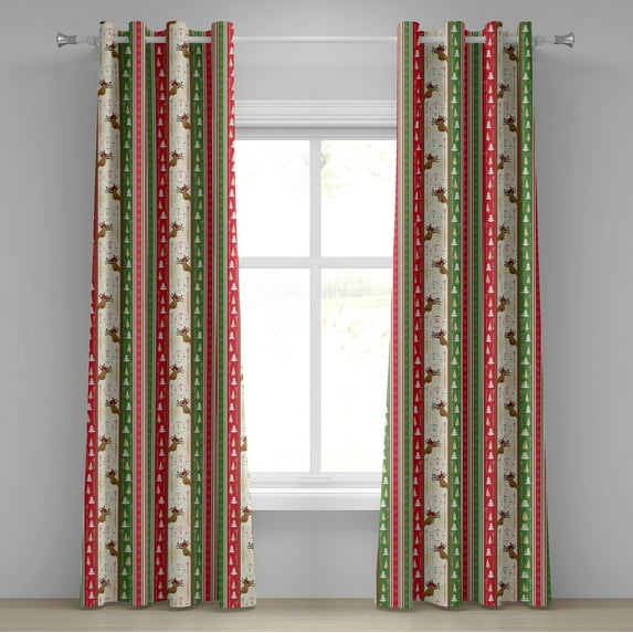 Ambesonne Christmas Grommet Curtain, Deer Pines Borders, 50" x 84", Green Dark Coral White