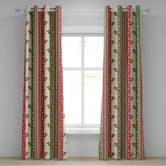 Ambesonne Christmas Grommet Curtain, Deer Pines Borders, 50" x 96", Green Dark Coral White