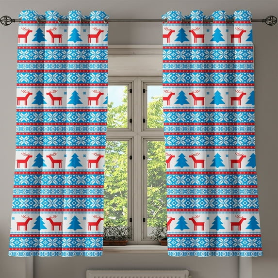 Ambesonne Christmas Grommet Curtain, Folk Knit Style Art, 50" x 63", Red Blue