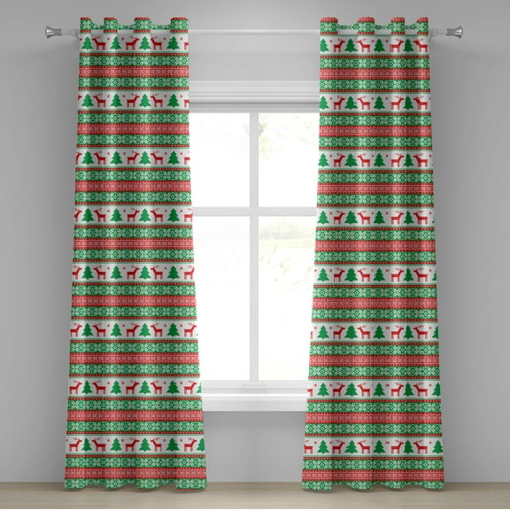 Ambesonne Christmas Grommet Curtain, Holiday Season Deer, 50" x 108", Red Green White
