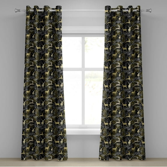 Ambesonne Christmas Grommet Curtain, Oriental Deer, 50" x 120", Yellow White Black
