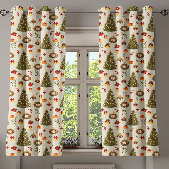 Ambesonne Christmas Grommet Curtain, Poinsettia Flowers, 50" x 54", Olive Green Yellow