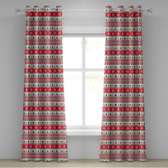 Ambesonne Christmas Grommet Curtain, Reindeer Snowflake, 50" x 72", Vermilion Green White