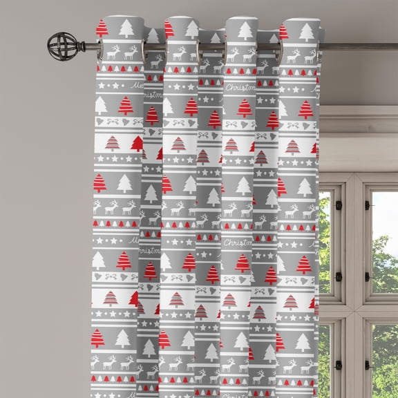 Ambesonne Christmas Grommet Curtain Single Panel, Deer Trees Borders, 50"x60", Grey White and Red