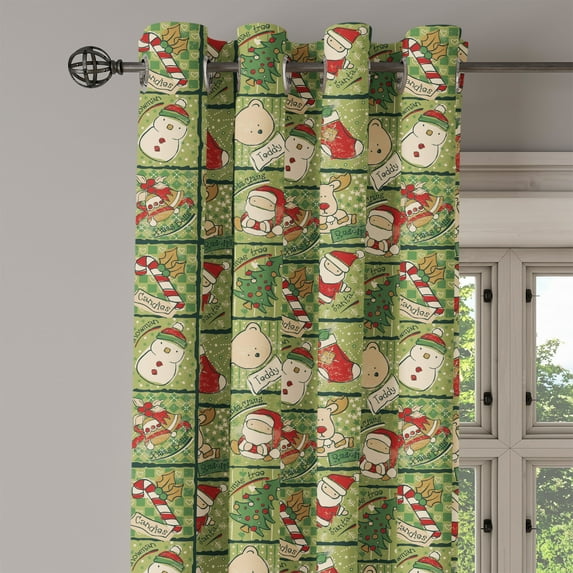 Ambesonne Christmas Grommet Curtain Single Panel, Teddy Bears Santa, 50"x60", Olive Green White