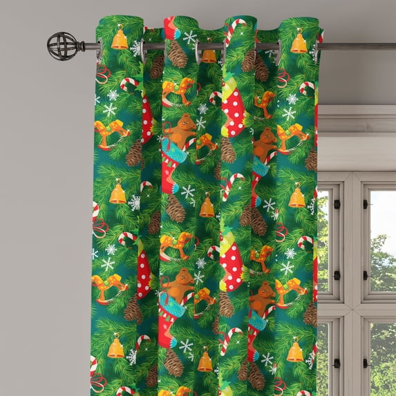 Ambesonne Christmas Grommet Curtain Single Panel, Xmas Accessories Pine, 50"x60", Dark Green Brown and Red