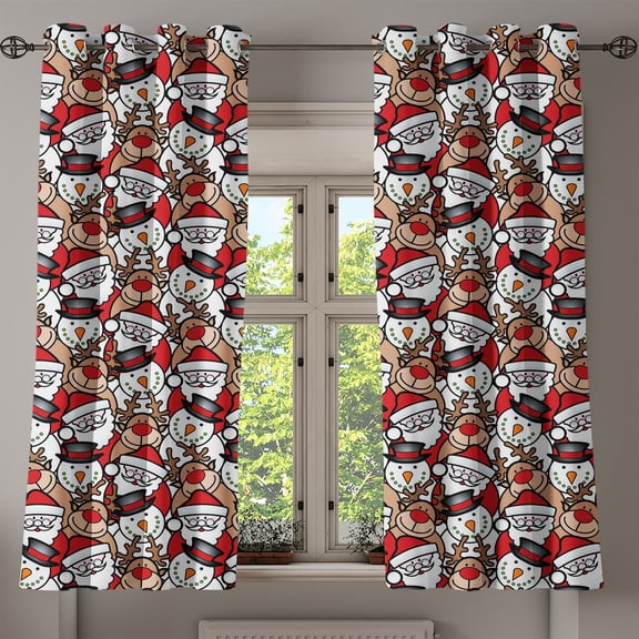 Ambesonne Christmas Grommet Curtain, Snowman Reindeer, 50" x 54", Pale Brown White and Red