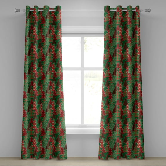 Ambesonne Christmas Grommet Curtain, Tree Pines Swirl Dot, 50" x 84", Dark Coral Dark Green
