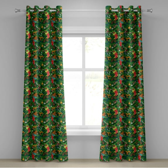 Ambesonne Christmas Grommet Curtain, Xmas Accessories Pine, 50" x 120", Dark Green Brown and Red