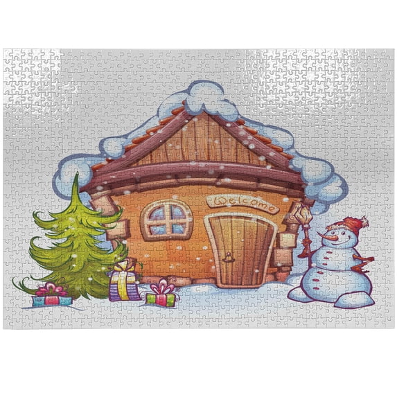 Ambesonne Christmas Jigsaw Puzzle, Cartoon House, Heirloom-Quality Fun Activity for Family Durable Cardboard, 1000 pcs, Caramel Green White