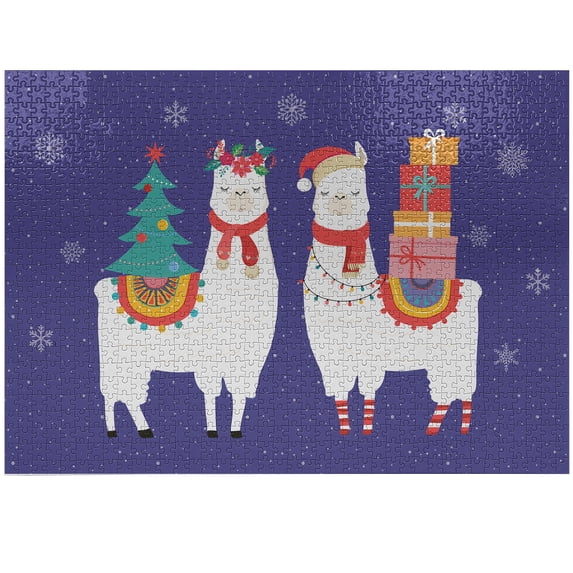 Ambesonne Christmas Jigsaw Puzzle Durable Cardboard, Cartoon Noel Llamas, 1000 pcs, Dark Lavender Multicolor